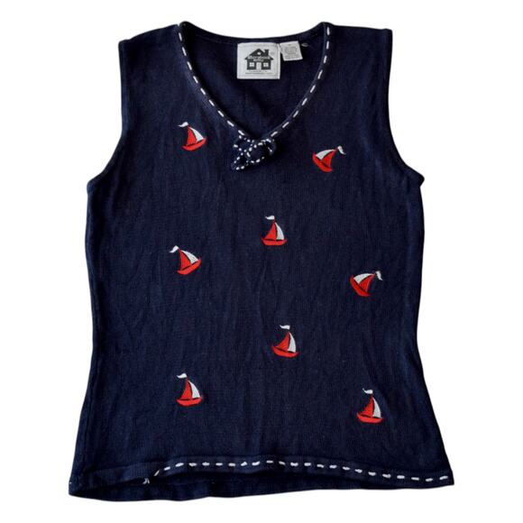 Storybook Knits Embroidered Sailor Nautical Tank Top in Navy Blue - Size Medium - Picture 1 of 6